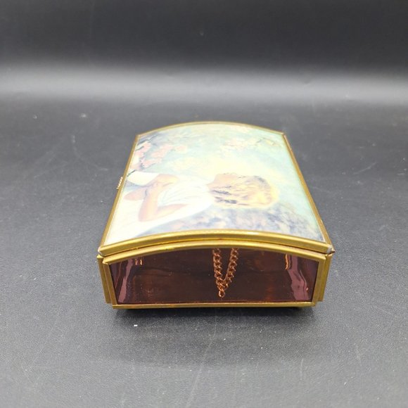 VINTAGE VIA VERMONT LTD GLASS & BRASS GIRL FLOWERS BIRD MUSIC JEWELRY BOX - Picture 3 of 14